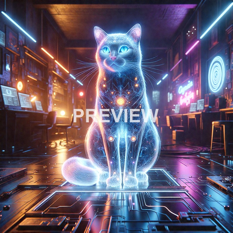 A digital, glowing cat with intricate light patterns and a luminous core sitting in a high-tech, neon-lit room filled with screens and electronic equipment.